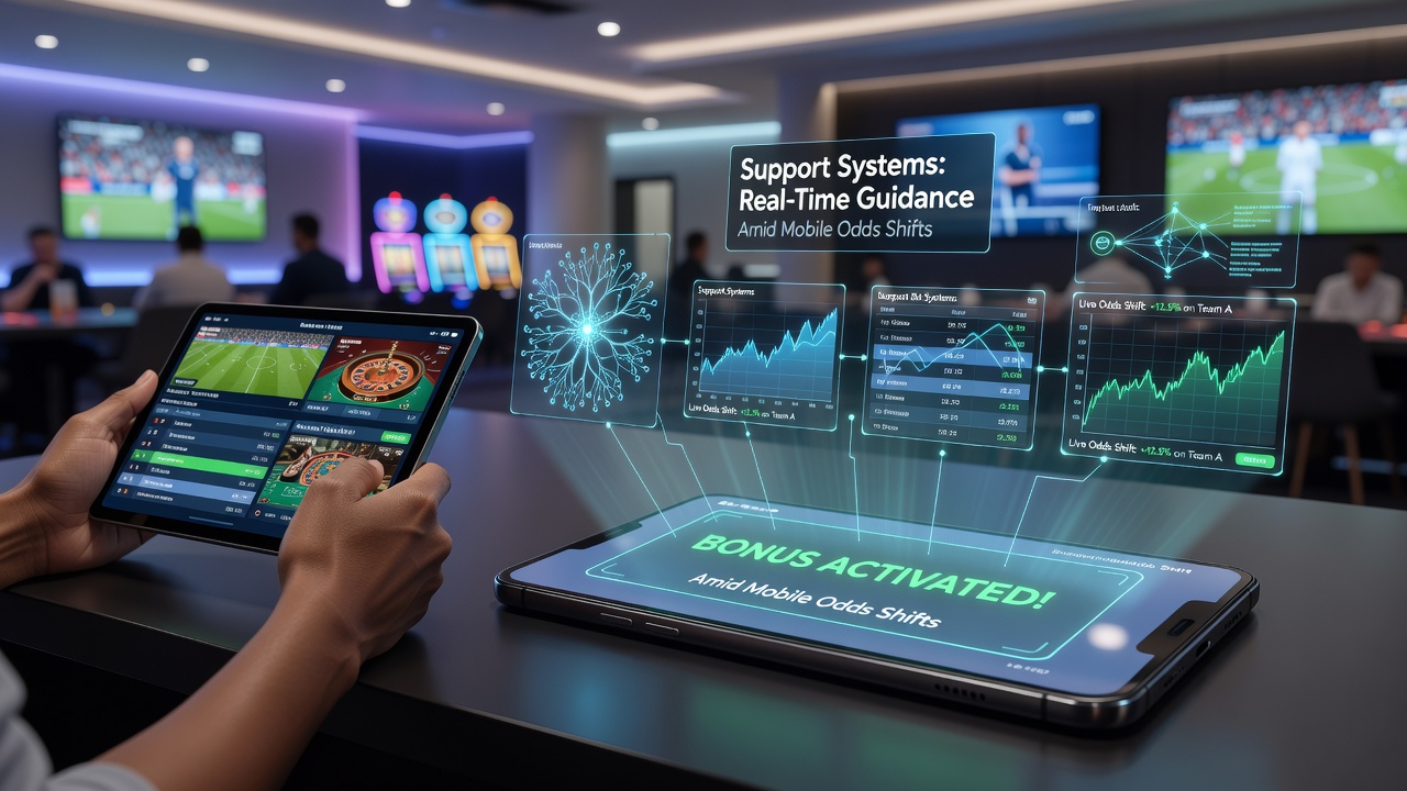 Mobile app dashboard illustrating support system coordination between live sports odds and casino bonus activations